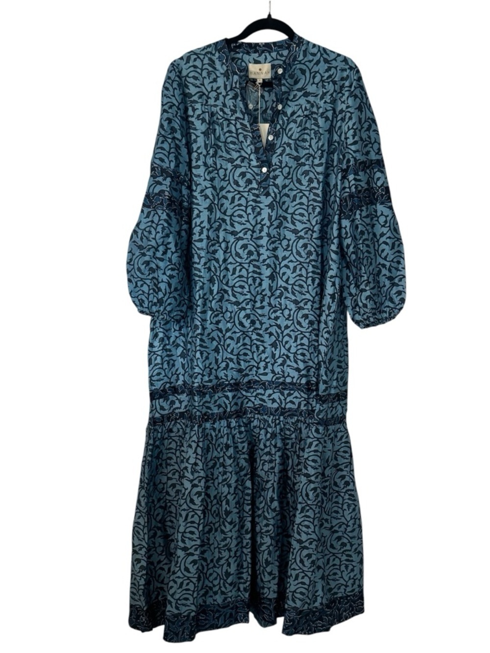 Hannah Artwear Women’s Long Sleeve Silk Blue Floral Tiered Maxi Dress Sz 8 NWT